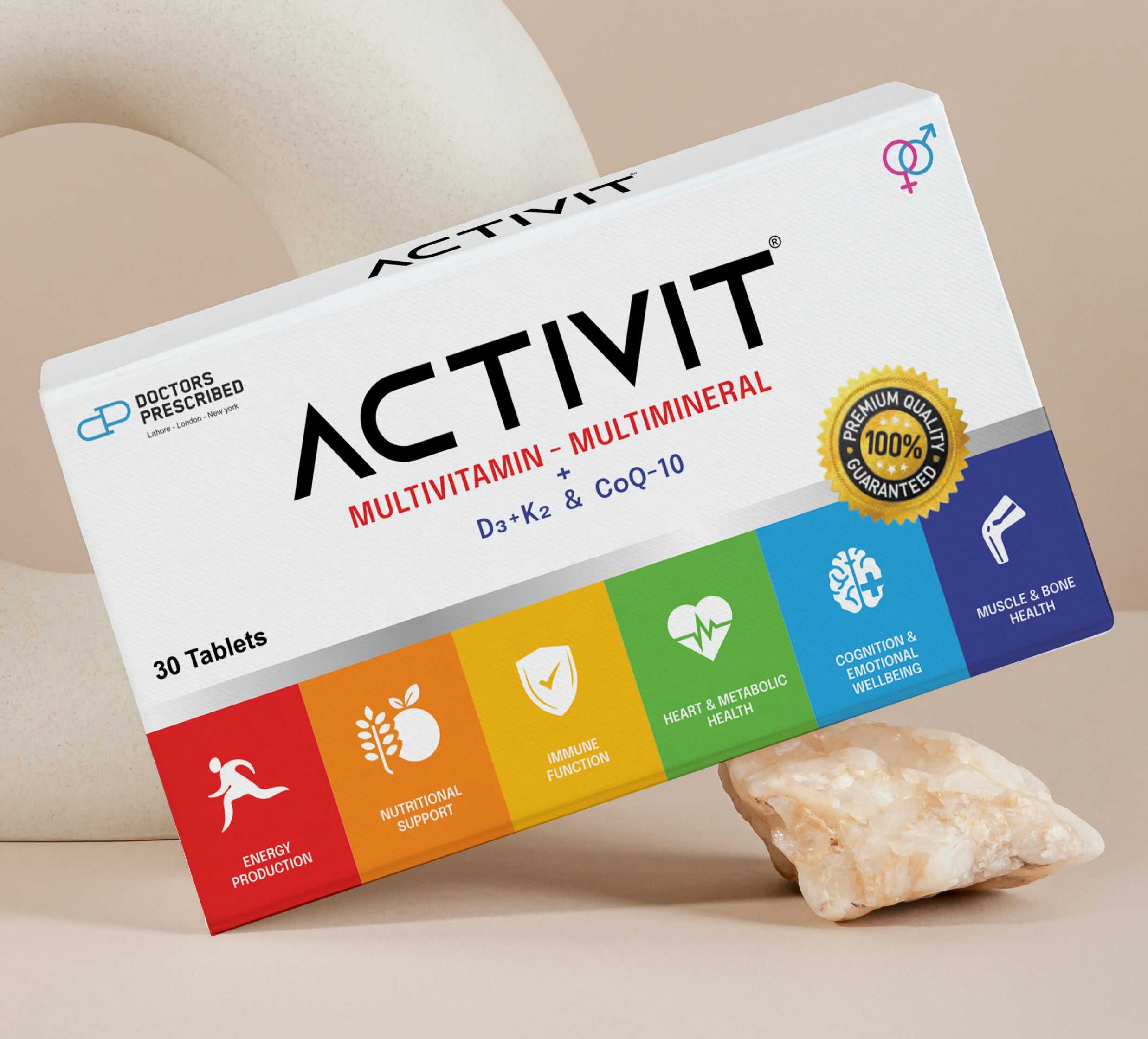 Buy ACTIVIT® Multivitamin in Pakistan for energy, focus, and immunity. 30-tablet box with icons for health benefits like metabolism and bone strength.