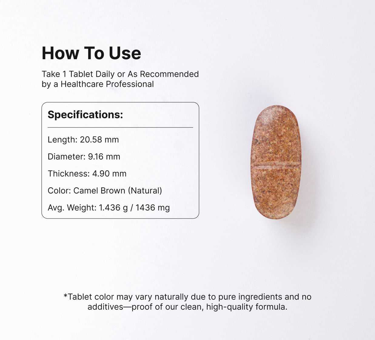 How to use ACTIVIT® Multivitamin tablet with size, weight, and natural color details. Take one tablet daily for optimal energy and immune health.