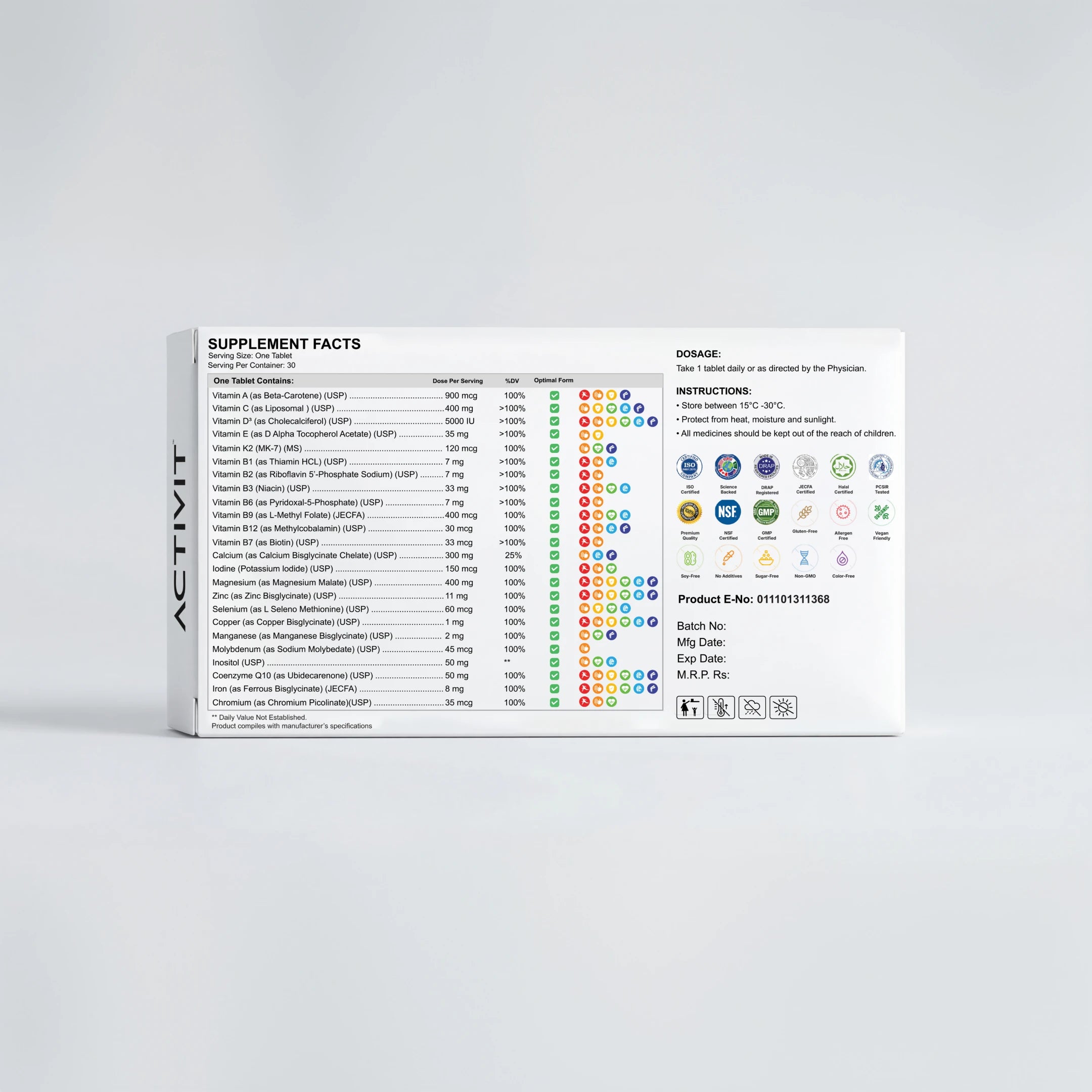 ACTIVIT multivitamin supplement facts label showing vitamins minerals and composition