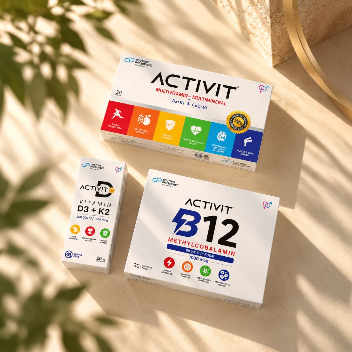 ACTIVIT ONE three nutritional components: multivitamin and multimineral tablets, vitamin B12 chewable tablets, and vitamin D3 + K2 oral solution.