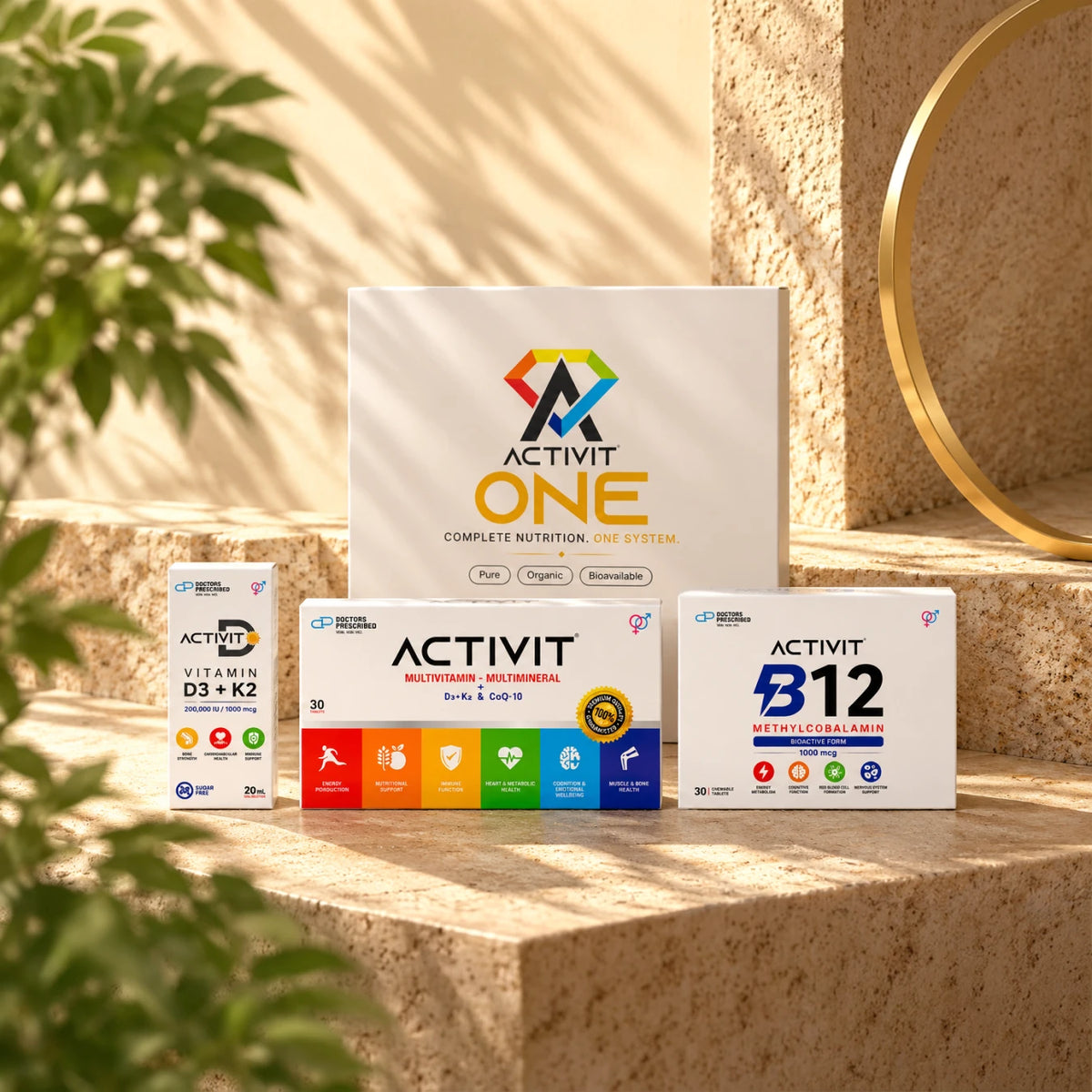 ACTIVIT ONE complete nutrition system featuring three components: multivitamin and multimineral tablets, B12 chewable tablets and vitamin D3 + K2 oral solution.