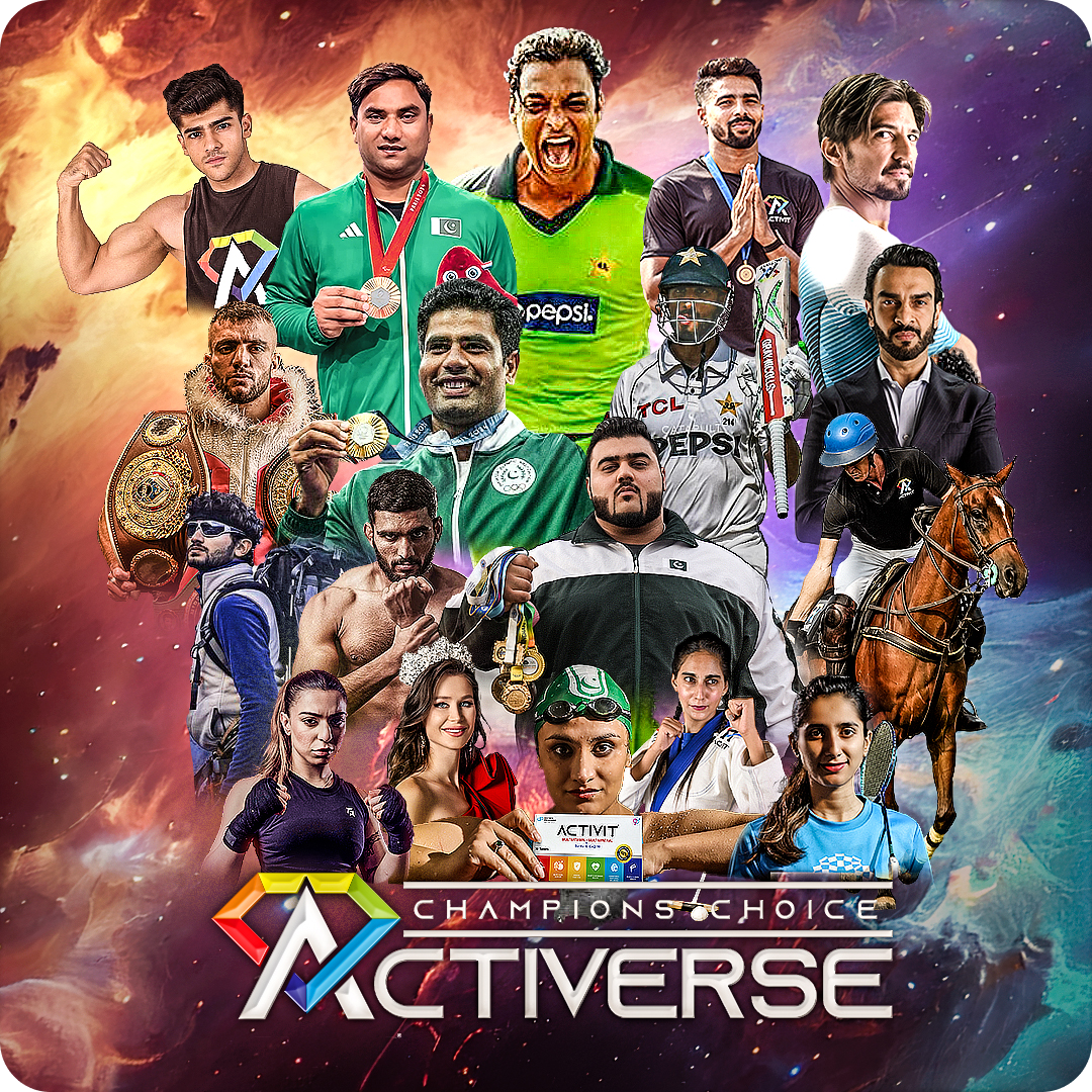 All ACTIVIT Athletes and Ambassadors in one frame: Shoaib Akhtar, Nooh Butt, Arshad Nadeem, Usman Wazeer, Amin Mukaty, Shehroze Kashif, Munib Nawaz, Shahrez Khan, Shan Masood, Rizwan Ali, Polli Cannabis, Eman Khan, Kiran Khan, Isra Waseem, Mahoor Shahzad, Shajar Abbas and Jamie Le Hardy