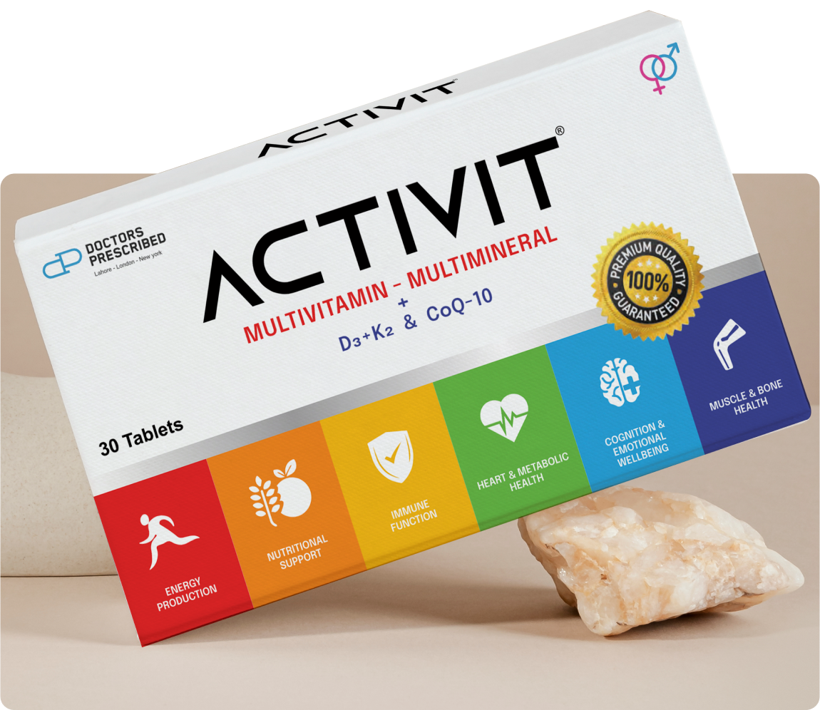 ACTIVIT multivitamin and multimineral supplement packaging showcasing its benefits, including energy production, nutritional support, immune function, heart health, cognition, emotional well-being, and muscle and bone health. Doctors prescribed, premium quality guaranteed.