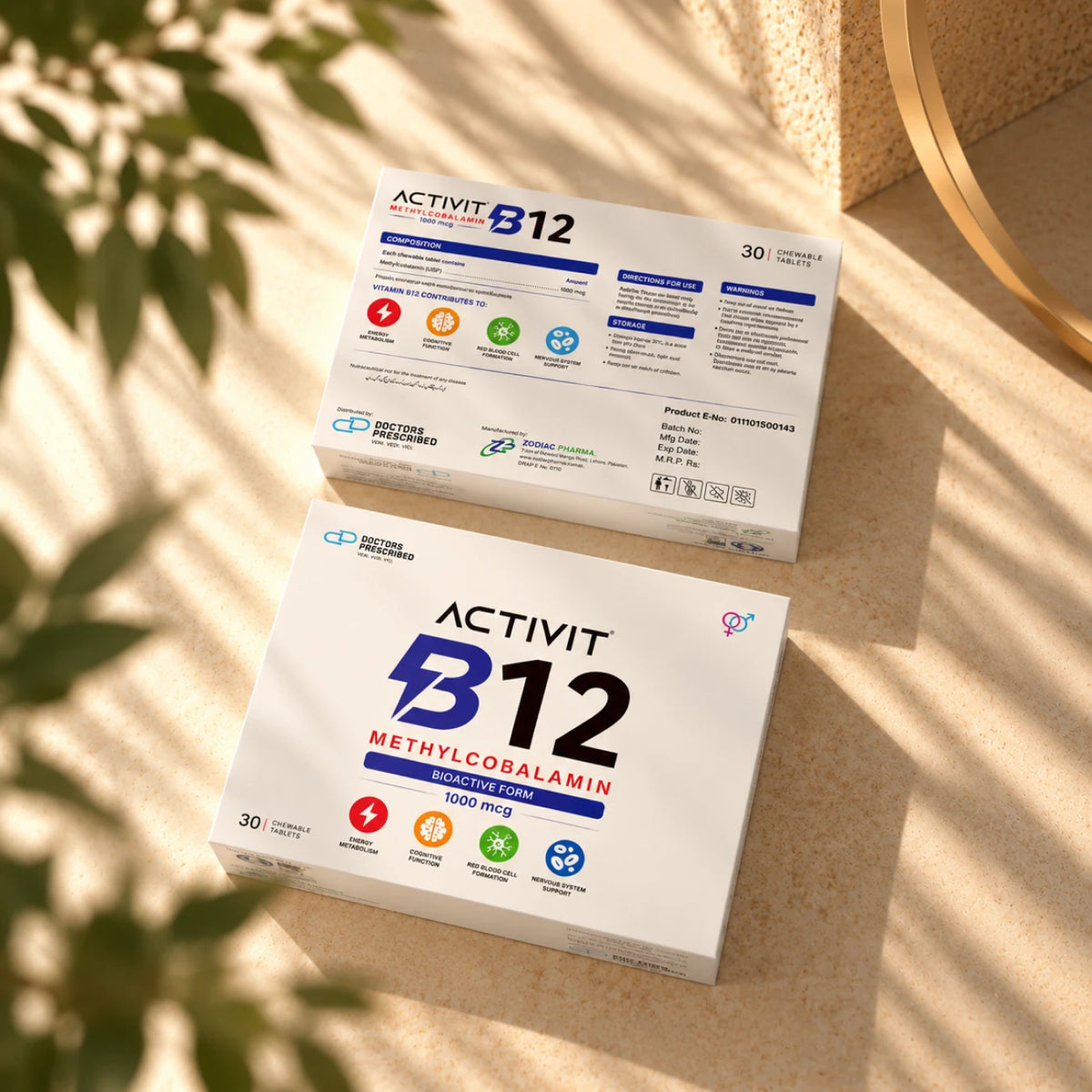 ACTIVIT B12 Methylcobalamin 1000 mcg, 30 chewable tablets, showing front and back packaging with composition, benefits and usage instructions.