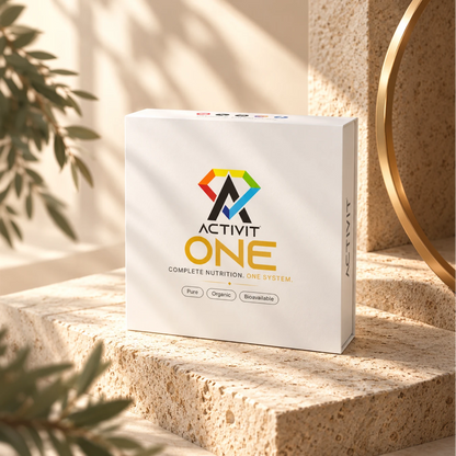 ACTIVIT ONE complete nutrition system in its premium white and gold packaging, featuring the ACTIVIT logo and One System branding.